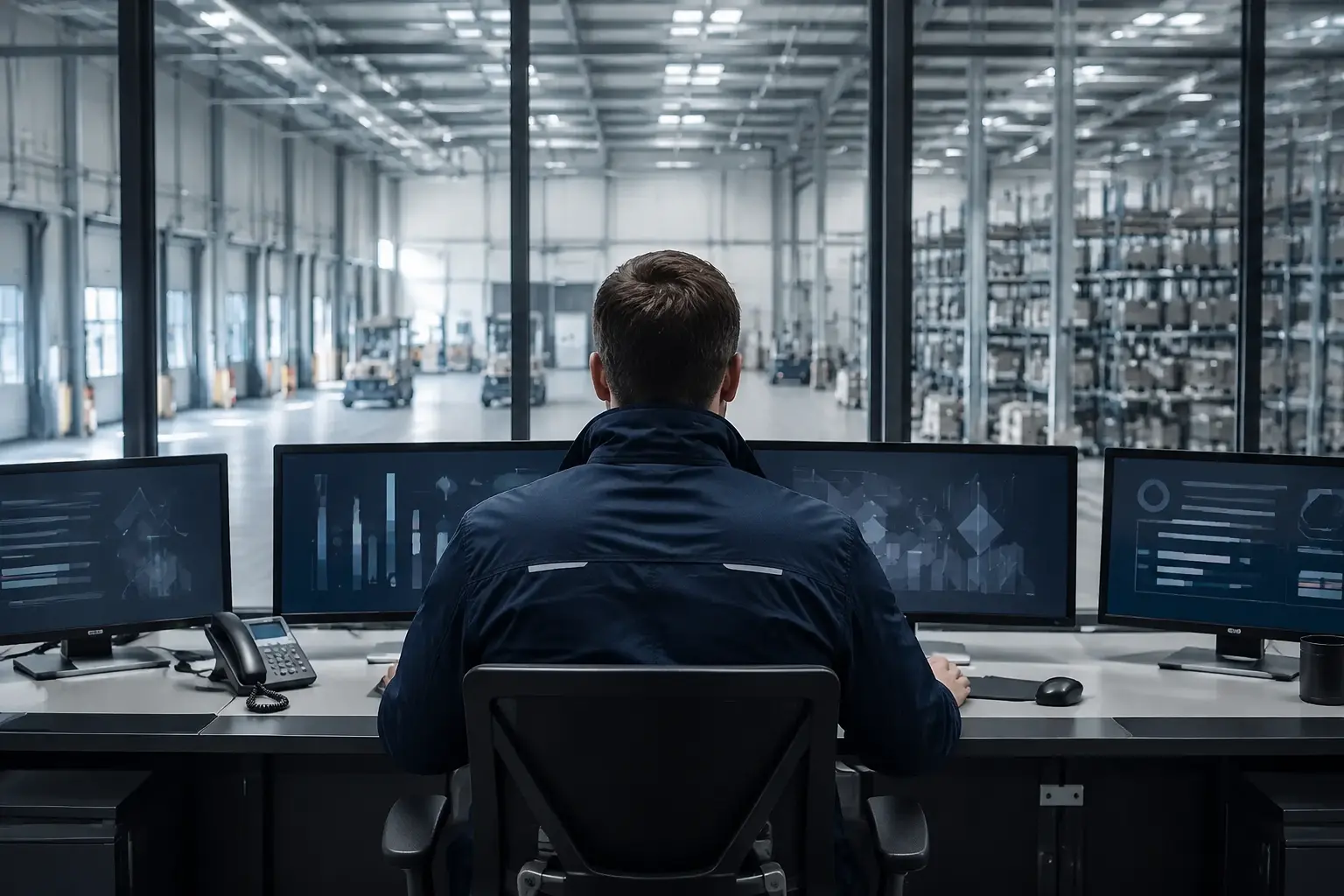 Moderne Logistiksteuerung mit Blick in ein helles Warenlager