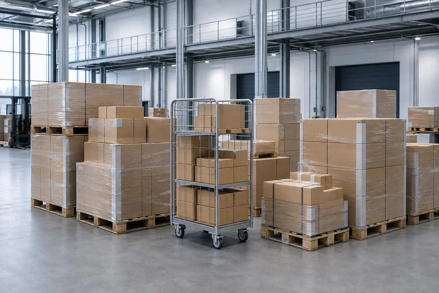Verschiedene Versandkartons auf Paletten und in einem Metallrollwagen